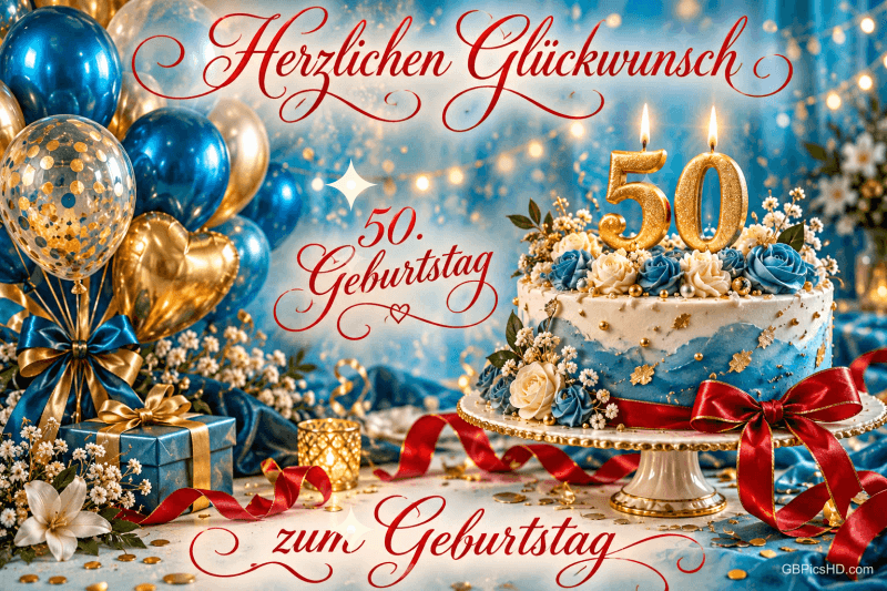 Eine Torte mit goldenen 50-Kerzen steht neben blauen und goldenen Ballons unter "Herzlichen Glückwunsch" und über "zum Geburtstag". Eine Torte mit goldenen 50-Kerzen steht neben blauen und goldenen Ballons unter "Herzlichen Glückwunsch" und über "zum Geburtstag".