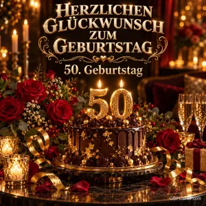 Schokoladentorte mit goldenen 50er-Kerzen, roten Rosen und Sektgläsern unter "Herzlichen Glückwunsch zum Geburtstag".