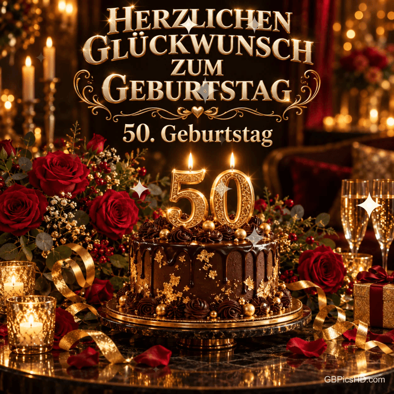 Schokoladentorte mit goldenen 50er-Kerzen, roten Rosen und Sektgläsern unter "Herzlichen Glückwunsch zum Geburtstag". Schokoladentorte mit goldenen 50er-Kerzen, roten Rosen und Sektgläsern unter "Herzlichen Glückwunsch zum Geburtstag".