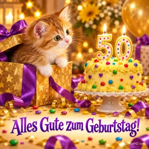 Ein Kätzchen schaut aus einer goldenen Geschenkbox neben einer gelben Torte mit 50er-Kerzen und "Alles Gute zum Geburtstag!".