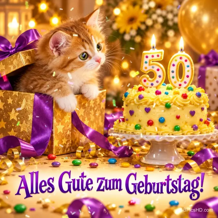 Ein Kätzchen schaut aus einer goldenen Geschenkbox neben einer gelben Torte mit 50er-Kerzen und "Alles Gute zum Geburtstag!".