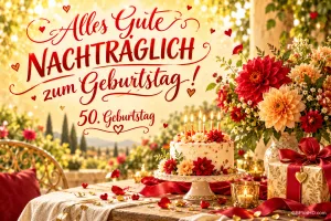 Auf einer sonnigen Gartenterrasse stehen Torte, Blumen und ein Geschenk unter "Alles Gute nachträglich zum Geburtstag!".