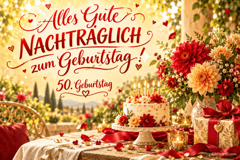 Auf einer sonnigen Gartenterrasse stehen Torte, Blumen und ein Geschenk unter "Alles Gute nachträglich zum Geburtstag!". Auf einer sonnigen Gartenterrasse stehen Torte, Blumen und ein Geschenk unter "Alles Gute nachträglich zum Geburtstag!".