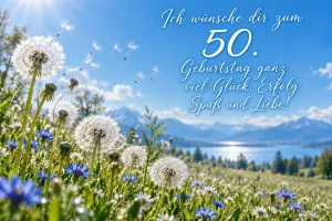 Eine Pusteblume vor blauem Hintergrund mit "Ich wünsche dir zum 50. Geburtstag ganz viel Glück, Erfolg Spaß und Liebe!".