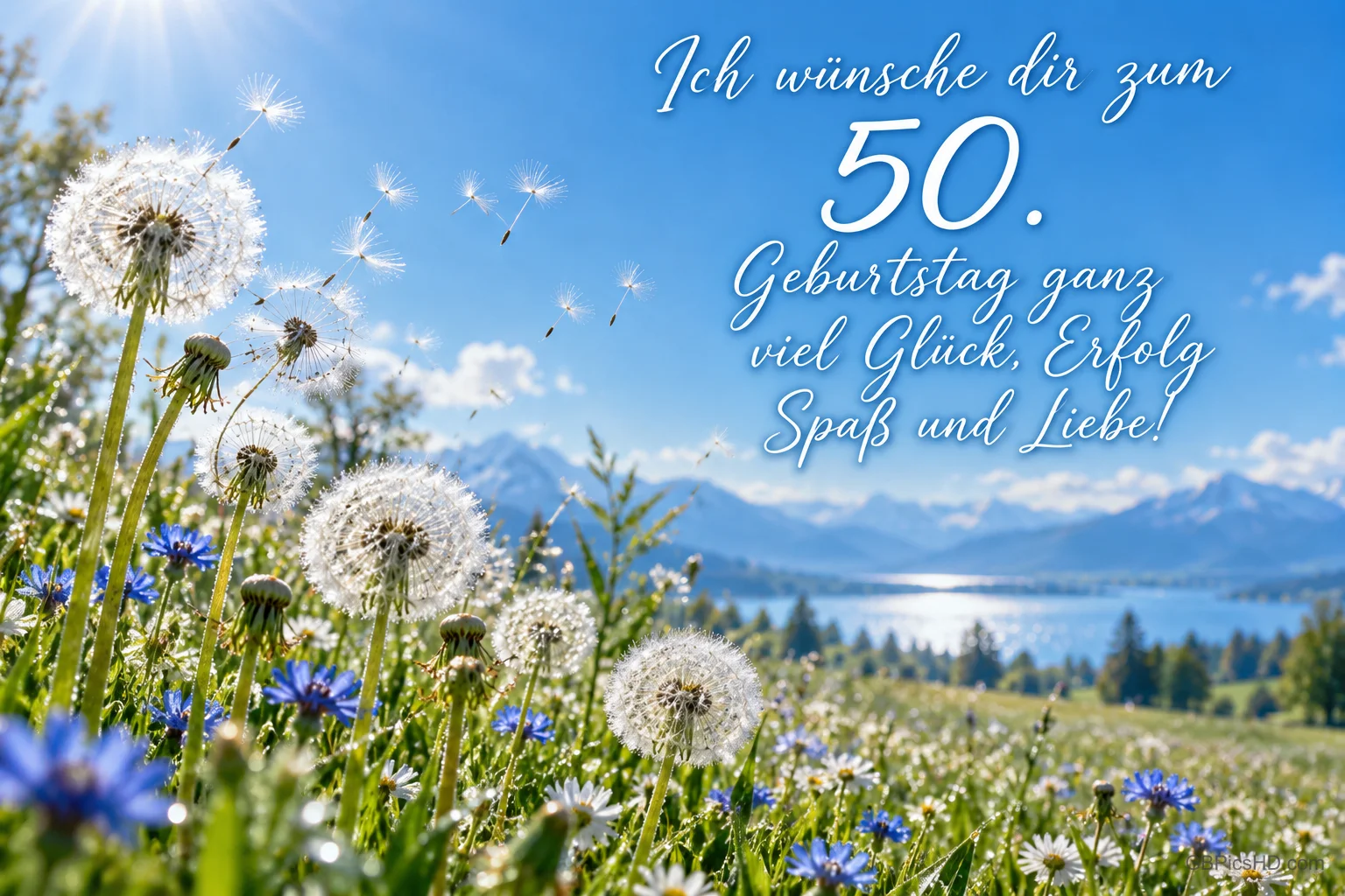 Eine Pusteblume vor blauem Hintergrund mit "Ich wünsche dir zum 50. Geburtstag ganz viel Glück, Erfolg Spaß und Liebe!". Eine Pusteblume vor blauem Hintergrund mit "Ich wünsche dir zum 50. Geburtstag ganz viel Glück, Erfolg Spaß und Liebe!".