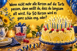Eine bunte Torte auf einem gelben Schild mit "Für 50 Kerzen wird es ganz schön eng, oder?".
