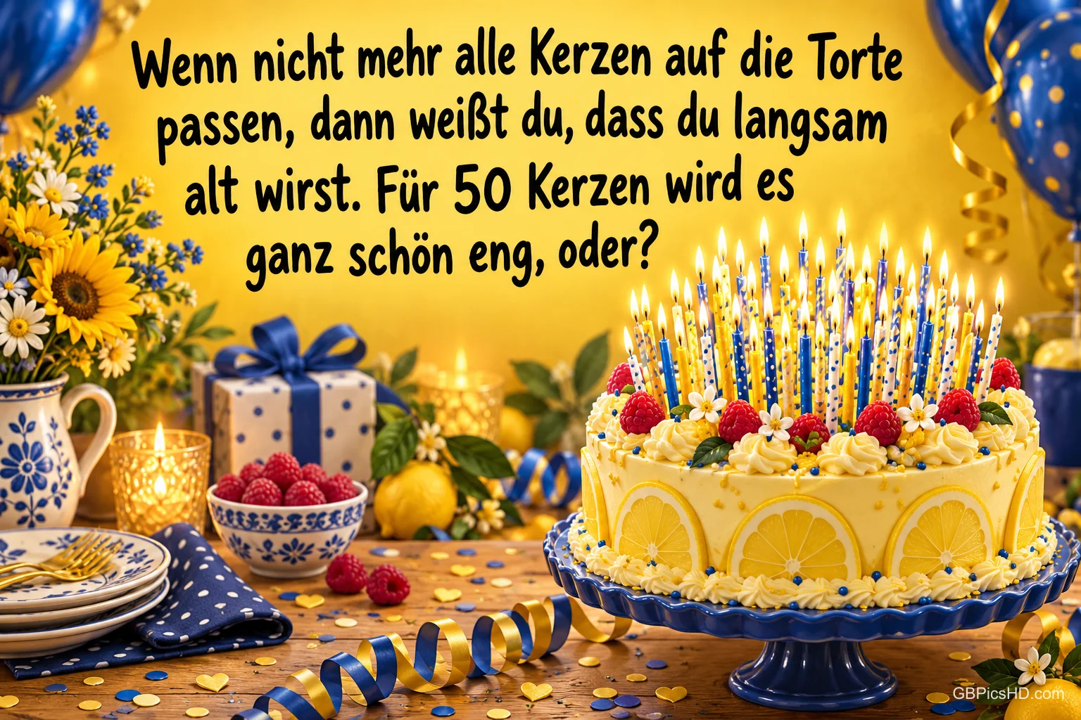 Eine bunte Torte auf einem gelben Schild mit "Für 50 Kerzen wird es ganz schön eng, oder?".
