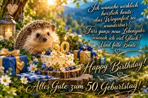 Ein Igel sitzt im sonnigen Garten neben einer Torte mit 50-Kerzen und blauen Geschenken mit "Alles Gute zum 50. Geburtstag!".