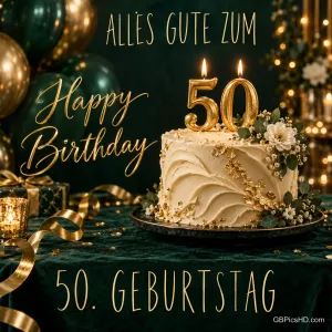 Eine cremefarbene Torte mit goldenen 50-Kerzen steht vor Ballons und dem Gruß "ALLES GUTE ZUM 50." sowie "50. GEBURTSTAG".