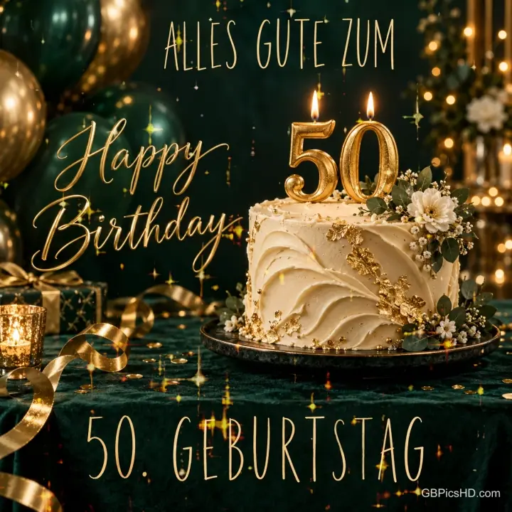 Eine cremefarbene Torte mit goldenen 50-Kerzen steht vor Ballons und dem Gruß "ALLES GUTE ZUM 50." sowie "50. GEBURTSTAG".