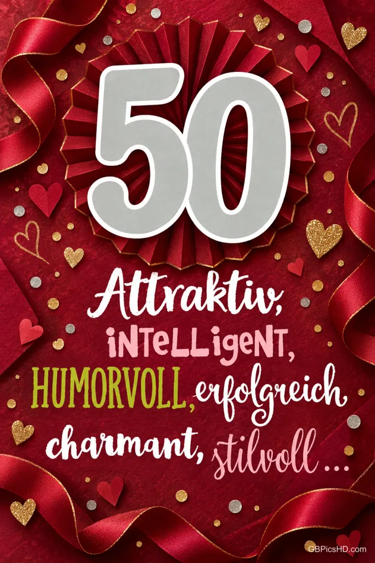 Eine silberne 50 steht zwischen roten Bändern und Herzen über "Attraktiv, intelligent, humorvoll, erfolgreich, charmant, stilvoll...".