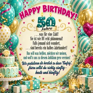 "Happy Birthday! 50 Jahre" und ein Geburtstagsgedicht stehen zwischen türkisfarbenen und goldenen Ballons, Torte, Blumen und Geschenken.