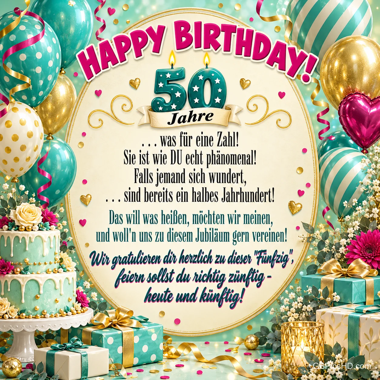 "Happy Birthday! 50 Jahre" und ein Geburtstagsgedicht stehen zwischen türkisfarbenen und goldenen Ballons, Torte, Blumen und Geschenken. "Happy Birthday! 50 Jahre" und ein Geburtstagsgedicht stehen zwischen türkisfarbenen und goldenen Ballons, Torte, Blumen und Geschenken.