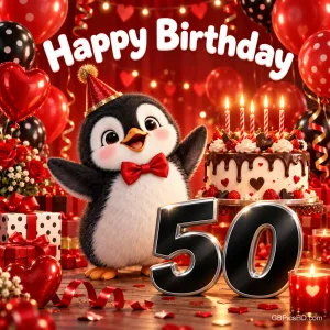 Ein Pinguin mit Partyhut und roter Fliege hebt neben einer Kerzentorte die Flügel; darüber steht "Happy Birthday", davor eine schwarze 50.