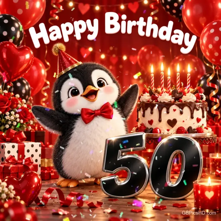 Ein Pinguin mit Partyhut und roter Fliege hebt neben einer Kerzentorte die Flügel; darüber steht "Happy Birthday", davor eine schwarze 50.
