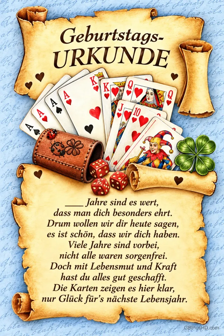 Eine "Geburtstags-Urkunde" auf einer Pergamentrolle ist mit Spielkarten, roten Würfeln und einem vierblättrigen Kleeblatt geschmückt.