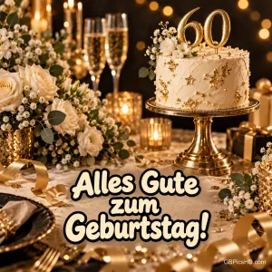 Eine weiße Torte mit Blüten und einer goldenen 60 trägt den Gruß "Alles Gute zum Geburtstag!".