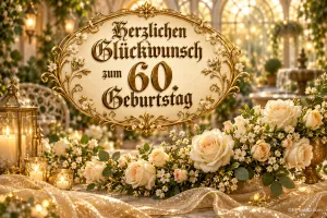 Ein goldverziertes ovales Schild zeigt "Herzlichen Glückwunsch zum 60. Geburtstag" über weißen Rosen und Kerzen in einem festlichen Raum.