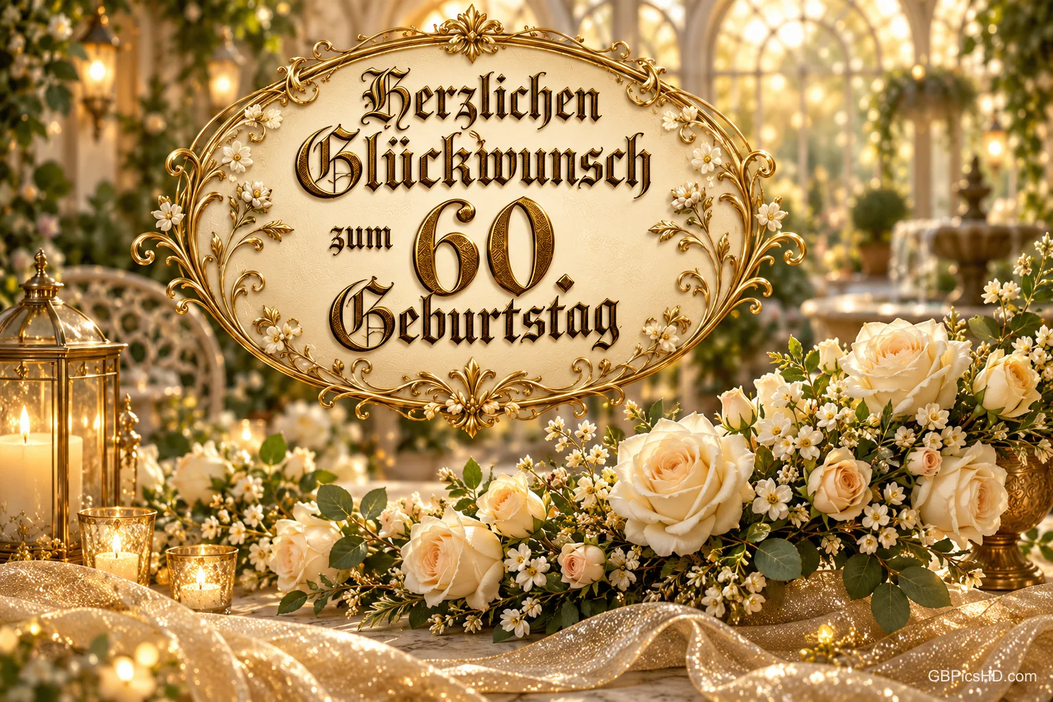 Ein goldverziertes ovales Schild zeigt "Herzlichen Glückwunsch zum 60. Geburtstag" über weißen Rosen und Kerzen in einem festlichen Raum.
