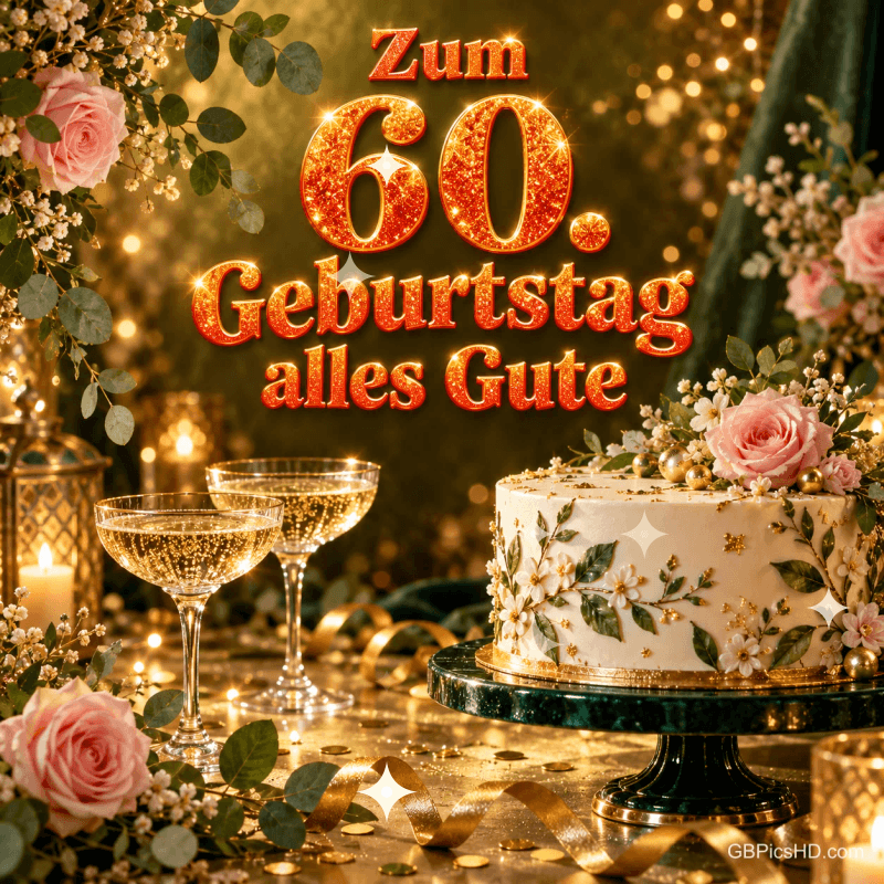 Eine Blumentorte und zwei Sektgläser stehen im goldenen Lichterglanz unter dem glitzernden Gruß "Zum 60. Geburtstag alles Gute".