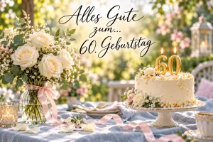 Weiße Rosen und eine Torte mit brennenden 60-Kerzen stehen auf einem Gartentisch unter "Alles Gute zum... 60. Geburtstag".