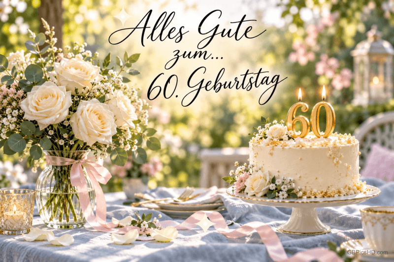 Weiße Rosen und eine Torte mit brennenden 60-Kerzen stehen auf einem Gartentisch unter "Alles Gute zum... 60. Geburtstag".