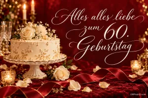 Eine weiße Rosentorte steht zwischen Kerzen und roten Bändern neben "Alles alles Liebe zum 60. Geburtstag".