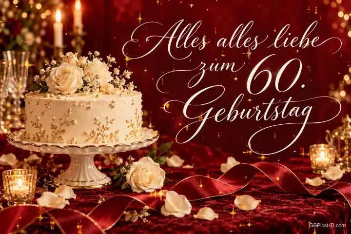 Eine weiße Rosentorte steht zwischen Kerzen und roten Bändern neben "Alles alles Liebe zum 60. Geburtstag".