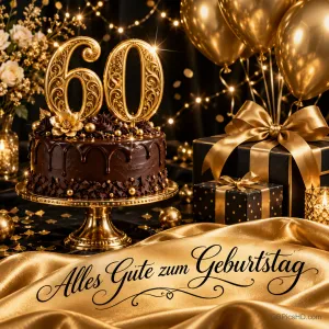 Eine Schokotorte mit goldener 60, Ballons und Geschenke stehen über "Alles Gute zum Geburtstag" auf goldenem Stoff.