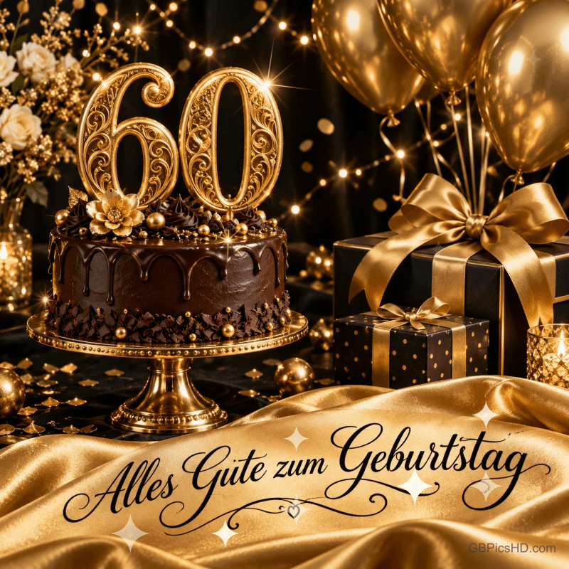 Eine Schokotorte mit goldener 60, Ballons und Geschenke stehen über "Alles Gute zum Geburtstag" auf goldenem Stoff.