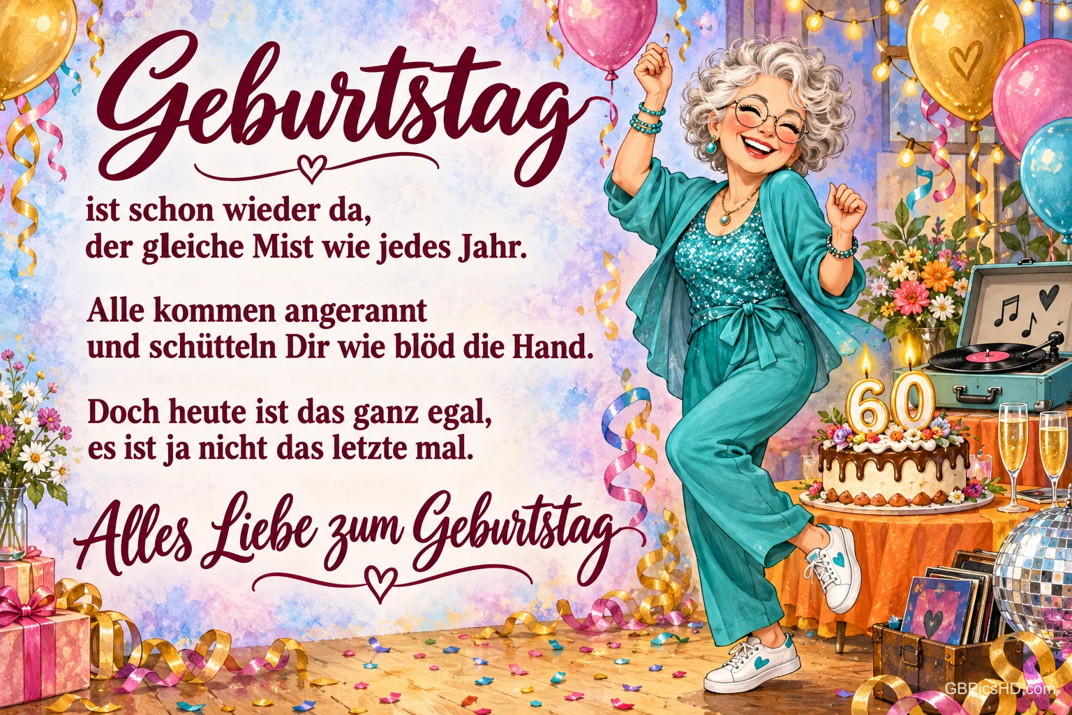 Eine grauhaarige Frau tanzt neben einer Torte mit der Zahl 60; links stehen ein Gedicht und "Alles Liebe zum Geburtstag". Eine grauhaarige Frau tanzt neben einer Torte mit der Zahl 60; links stehen ein Gedicht und "Alles Liebe zum Geburtstag".