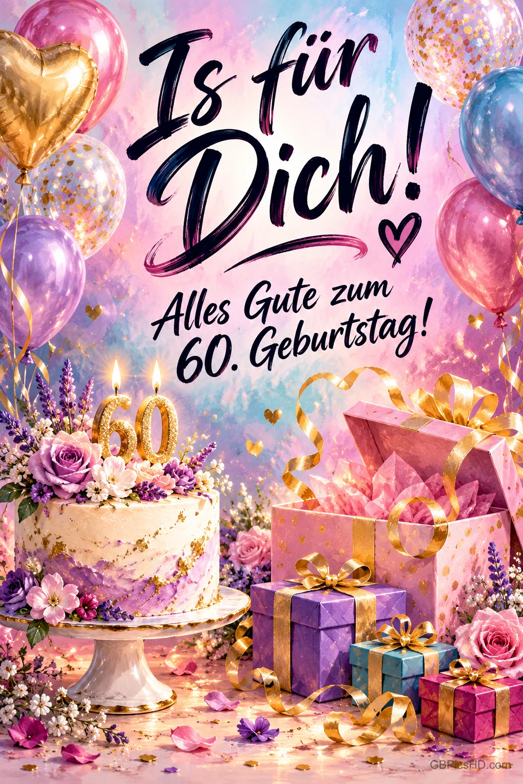 Bunte Ballons, Geschenke und eine Blütentorte mit goldener 60 umrahmen "Ist für Dich! Alles Gute zum 60. Geburtstag!".