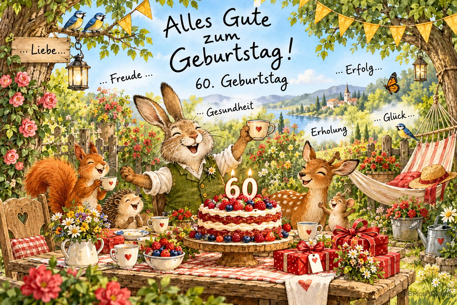 Hase, Eichhörnchen, Igel und Rehe feiern an einer Beerentorte mit der Zahl 60 unter "Alles Gute zum Geburtstag!". Hase, Eichhörnchen, Igel und Rehe feiern an einer Beerentorte mit der Zahl 60 unter "Alles Gute zum Geburtstag!".