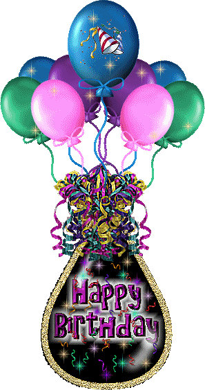 Bunte Luftballons und gekräuselte Bänder schweben über einem schwarzen, goldumrandeten Anhänger mit "Happy Birthday".