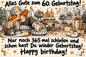 Eine Frau ruht mit einer Tasse im Sessel neben Katze, Torte und Geschenken unter "Alles Gute zum 60. Geburtstag!".