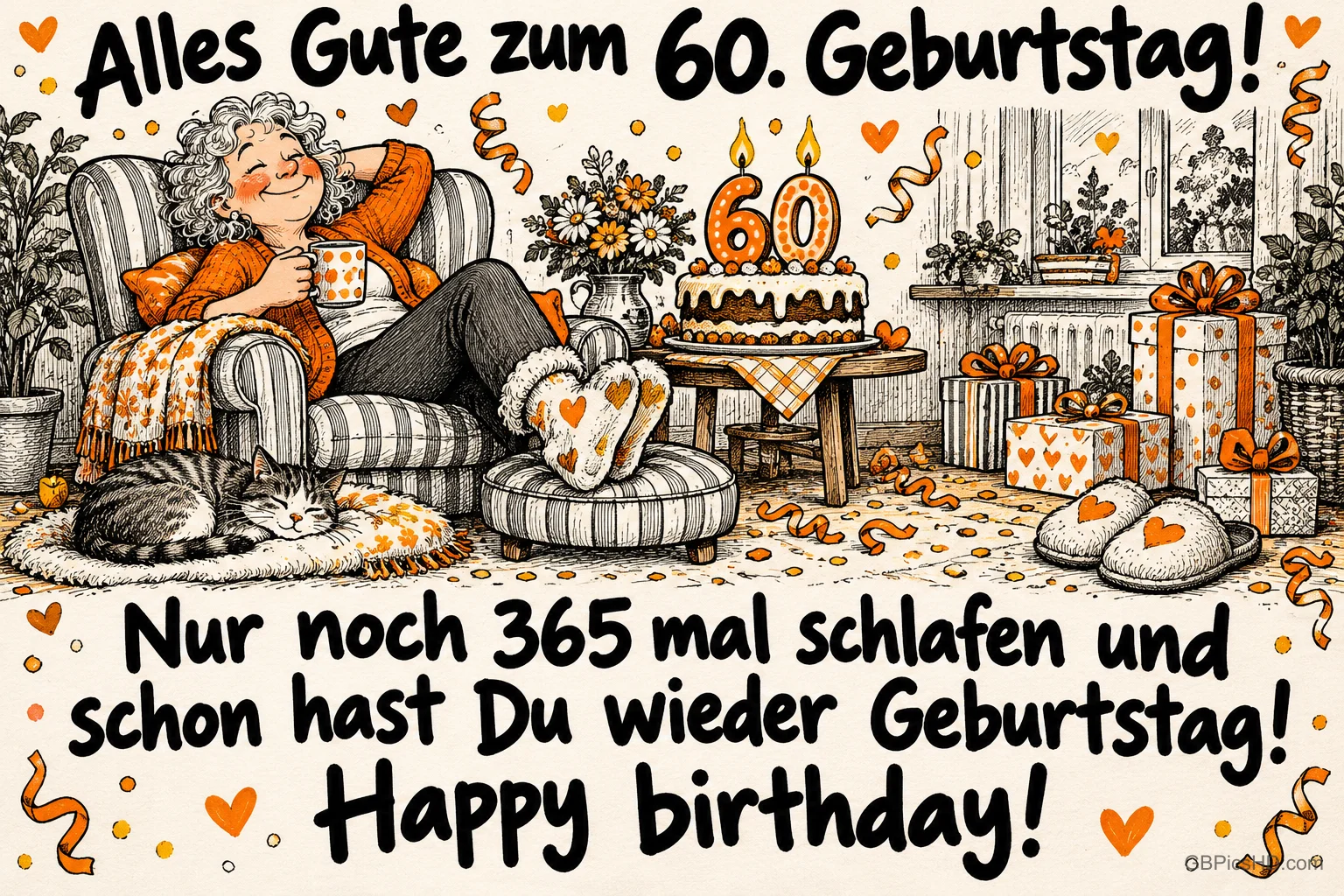 Eine Frau ruht mit einer Tasse im Sessel neben Katze, Torte und Geschenken unter "Alles Gute zum 60. Geburtstag!". Eine Frau ruht mit einer Tasse im Sessel neben Katze, Torte und Geschenken unter "Alles Gute zum 60. Geburtstag!".