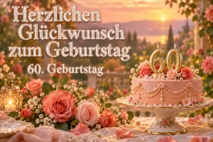 Rosa Torte mit goldenen 60-Kerzen und Rosen im Abendlicht mit "Herzlichen Glückwunsch zum Geburtstag 60. Geburtstag".