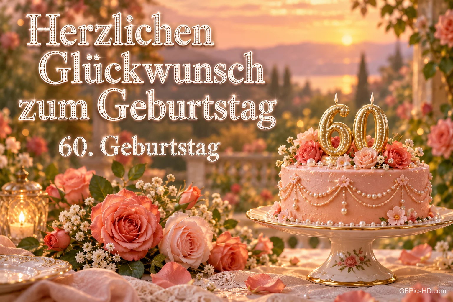Rosa Torte mit goldenen 60-Kerzen und Rosen im Abendlicht mit "Herzlichen Glückwunsch zum Geburtstag 60. Geburtstag". Rosa Torte mit goldenen 60-Kerzen und Rosen im Abendlicht mit "Herzlichen Glückwunsch zum Geburtstag 60. Geburtstag".