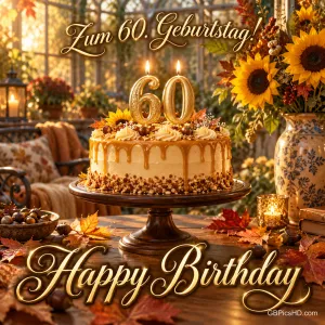 Torte mit goldenen 60-Kerzen, Sonnenblumen und Herbstlaub unter "Zum 60. Geburtstag!".