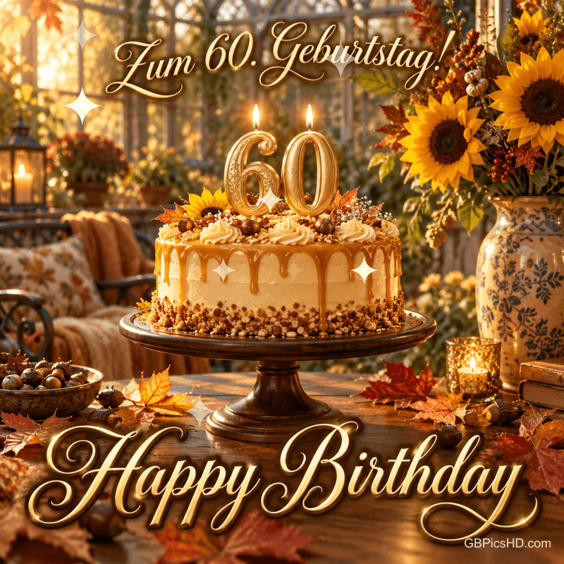 Torte mit goldenen 60-Kerzen, Sonnenblumen und Herbstlaub unter "Zum 60. Geburtstag!".