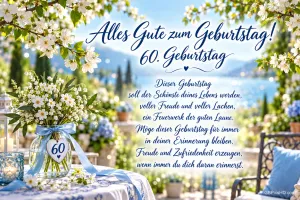 Weiße Blüten mit blauer Schleife und einem Herzanhänger mit 60 vor einem See, dazu "Alles Gute zum Geburtstag!".