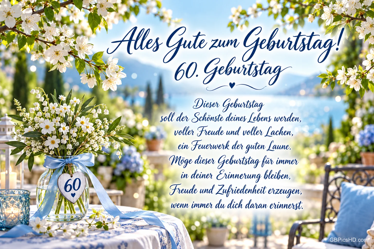 Weiße Blüten mit blauer Schleife und einem Herzanhänger mit 60 vor einem See, dazu "Alles Gute zum Geburtstag!". Weiße Blüten mit blauer Schleife und einem Herzanhänger mit 60 vor einem See, dazu "Alles Gute zum Geburtstag!".