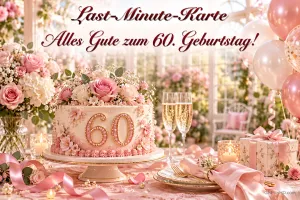 Rosa Blumentorte mit 60, Sekt, Geschenk und Ballons unter "Last-Minute-Karte Alles Gute zum 60. Geburtstag!".