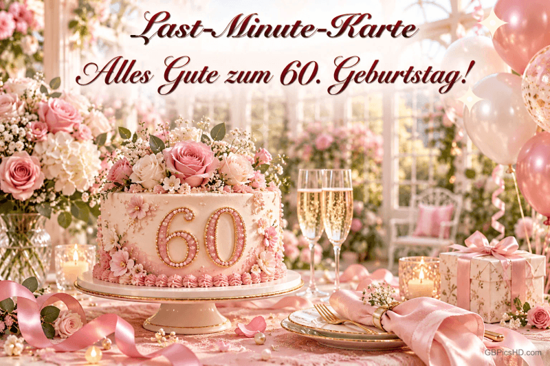 Rosa Blumentorte mit 60, Sekt, Geschenk und Ballons unter "Last-Minute-Karte Alles Gute zum 60. Geburtstag!".