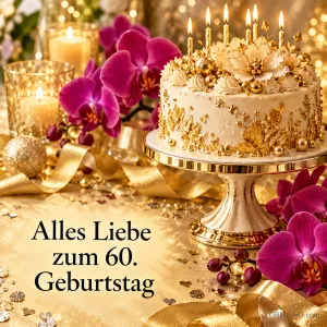 Goldverzierte Torte mit brennenden Kerzen, violette Orchideen und goldene Bänder neben "Alles Liebe zum 60. Geburtstag".
