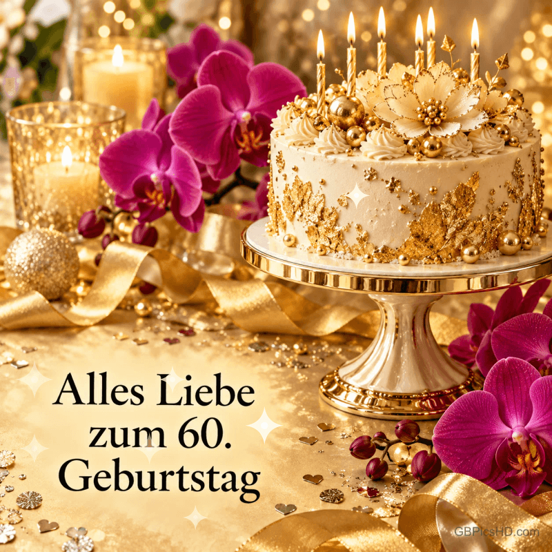 Goldverzierte Torte mit brennenden Kerzen, violette Orchideen und goldene Bänder neben "Alles Liebe zum 60. Geburtstag".