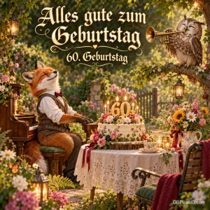 Ein Fuchs am Klavier, eine Eule mit Trompete und eine Blumentorte mit 60 unter "Alles Gute zum Geburtstag 60. Geburtstag".
