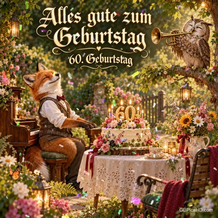 Ein Fuchs am Klavier, eine Eule mit Trompete und eine Blumentorte mit 60 unter "Alles Gute zum Geburtstag 60. Geburtstag". Ein Fuchs am Klavier, eine Eule mit Trompete und eine Blumentorte mit 60 unter "Alles Gute zum Geburtstag 60. Geburtstag".