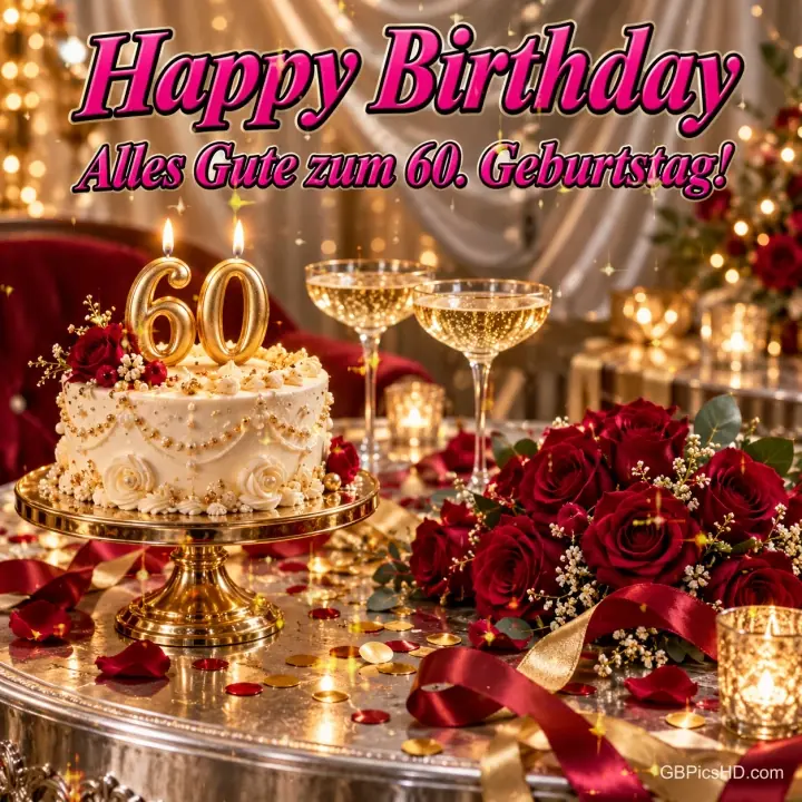 Weiße Torte mit goldenen 60-Kerzen, zwei Sektgläser und rote Rosen unter "Alles Gute zum 60. Geburtstag!".