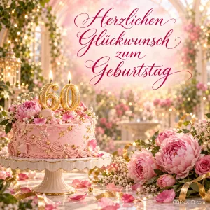 Rosa Blumentorte mit brennenden 60-Kerzen und Pfingstrosen unter dem Gruß "Herzlichen Glückwunsch zum Geburtstag".